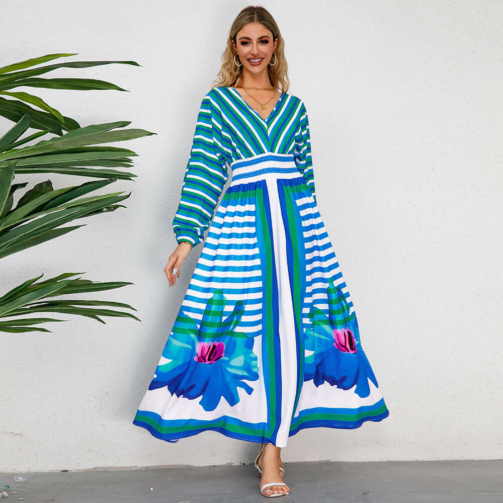 2024 New Women's Sleeved V-neck Large Swing A-line Printed Dress Slim Fit Long Skirt