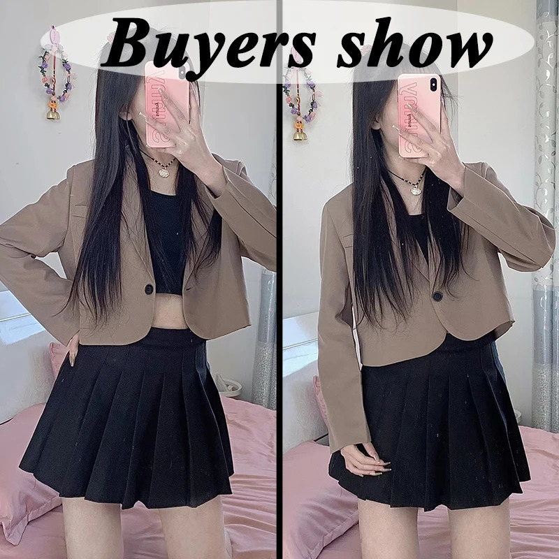 Lucyever Korean Cropped Blazers Women Solid Color Simple Single-button Outwear Teens All-match Long Sleeve Office Suit Jacket 240229