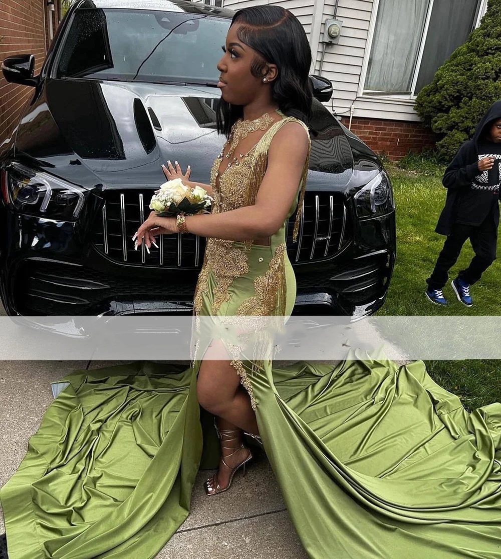 Sexy Olive Green Mermaid Prom Dresses 2024 With Gold Lace Front Split Beaded Sheer Neck Vestidos De Graduacion Evening Ocn Gowns 0431