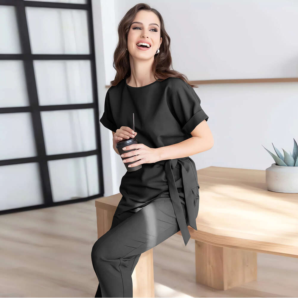 Women's Round Neck Slanted Edge Suit Belt Top Small Leg Fashion Casual Long Pants Set