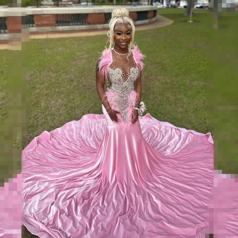 Pink Dia Prom Giltter Dresses for Black Girls 2024 Feathers Mermaid Party Gowns Veet Evening Birthday Dress Women