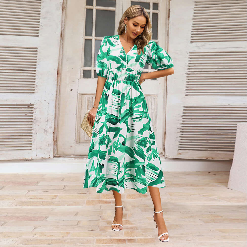 Summer Women's V-neck Bohemian Printed Dress A-line Skirt Temu