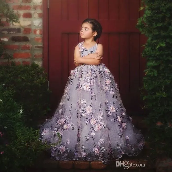 Little Lavender Lace Girls Pageant Dresses 3D Ral Appliques Toddler Ball Gown Wer Girl Dress Or Length Tulle Gowns S