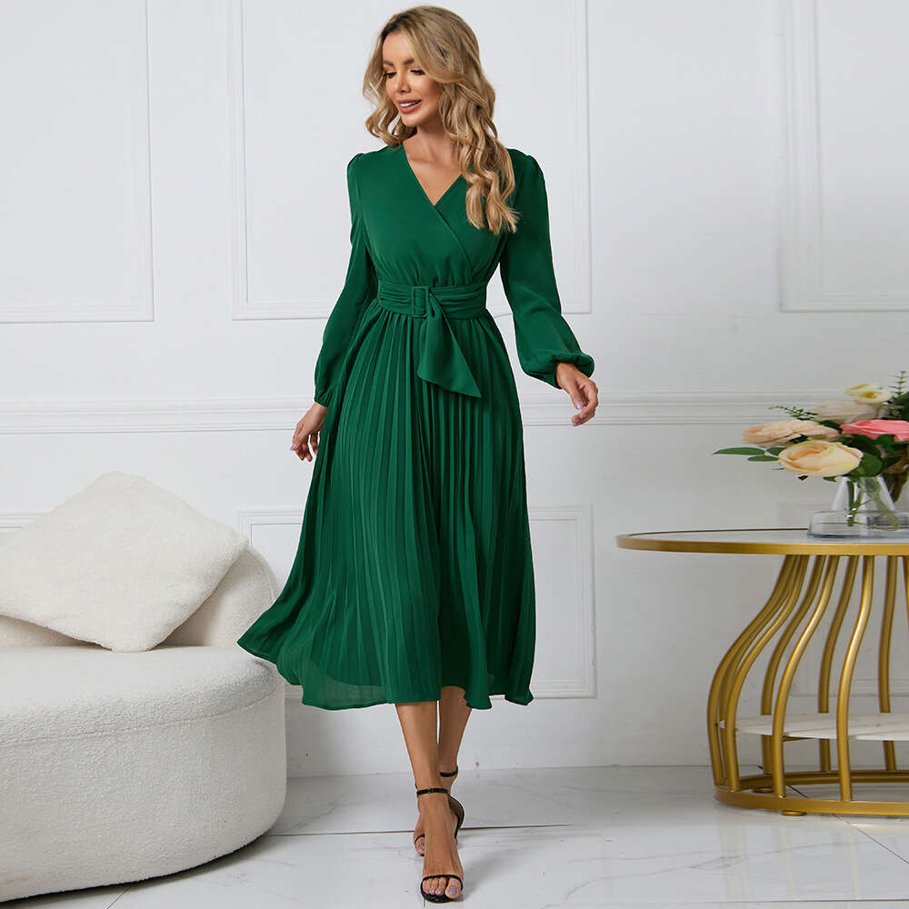 2024 Women's New Long Sleeve Slim Fit Pleated Belt V-neck A-line Dress