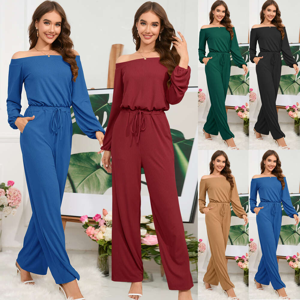 Women's 2024 New Casual Off Shoulder Long Sleeve Fit Waist Jumpsuit Lace Up Wide Leg Pants