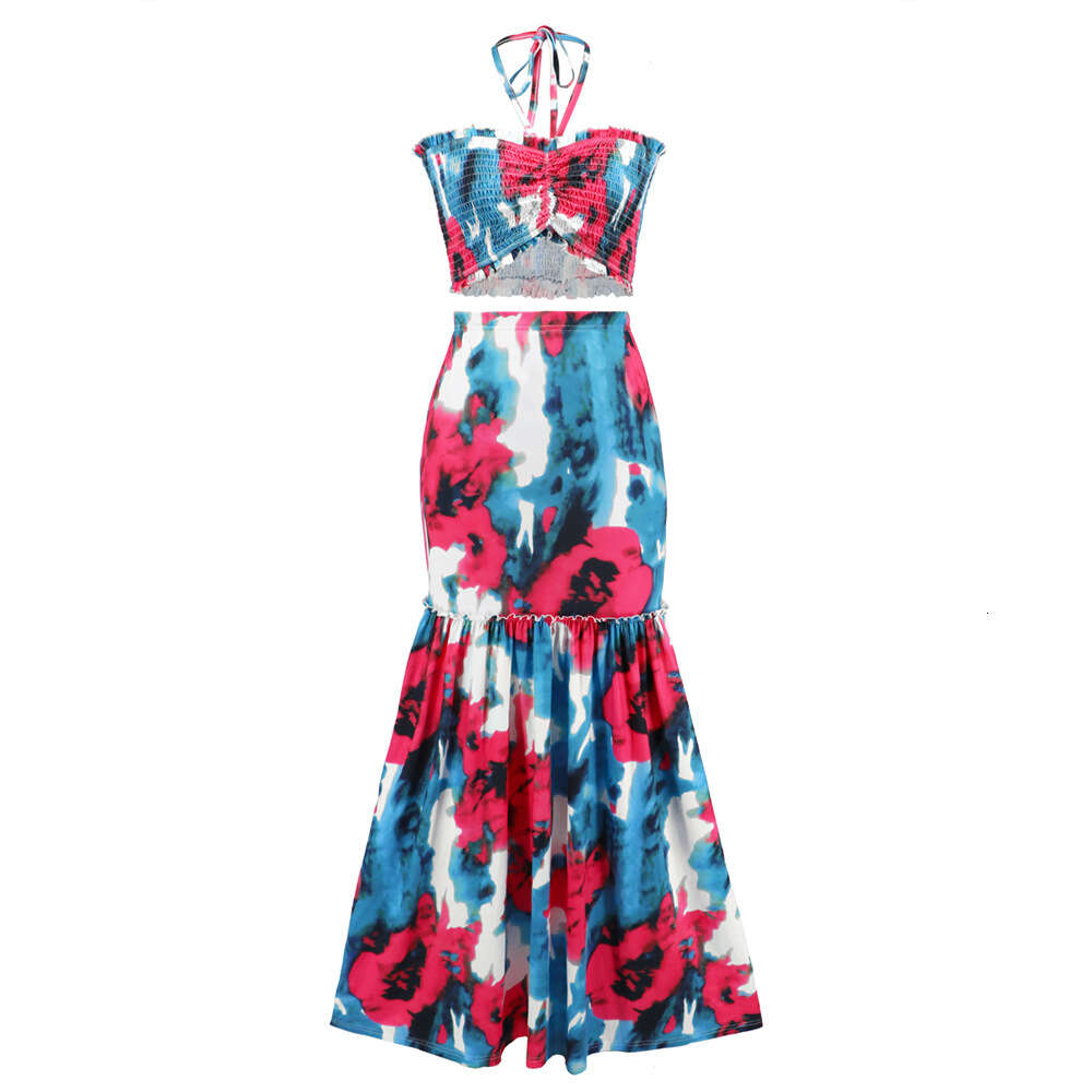 Sexy Bohemian Printed Dress with Cable Hanging Neck Top and Buttocks Wrapped Fishtail Skirt Two-piece Set for Women