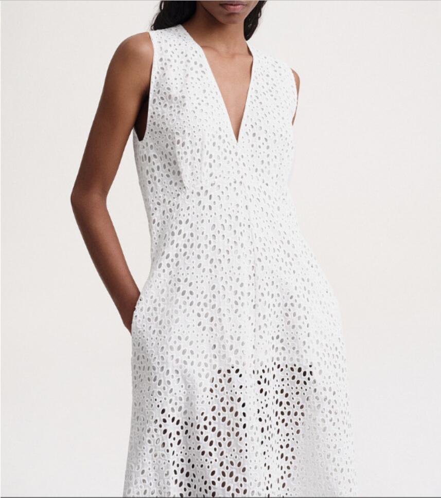 2024 Spring/Summer New Totem Feng Shui Dissolved Flower Embroidery Basic V-neck Hollow Versatile Dress