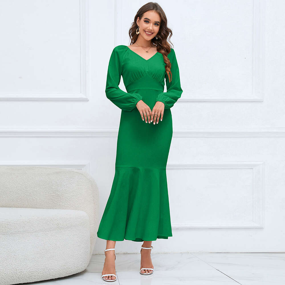 Women's New V-neck Long Sleeved Fishtail Skirt with A Slim and Slimming Waistline. Long Dress in Large Size