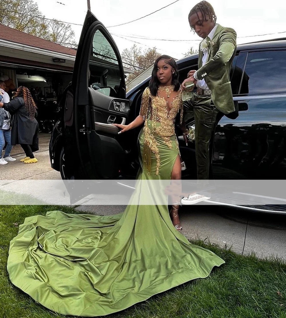 Sexy Olive Green Mermaid Prom Dresses 2024 With Gold Lace Front Split Beaded Sheer Neck Vestidos De Graduacion Evening Ocn Gowns 0431