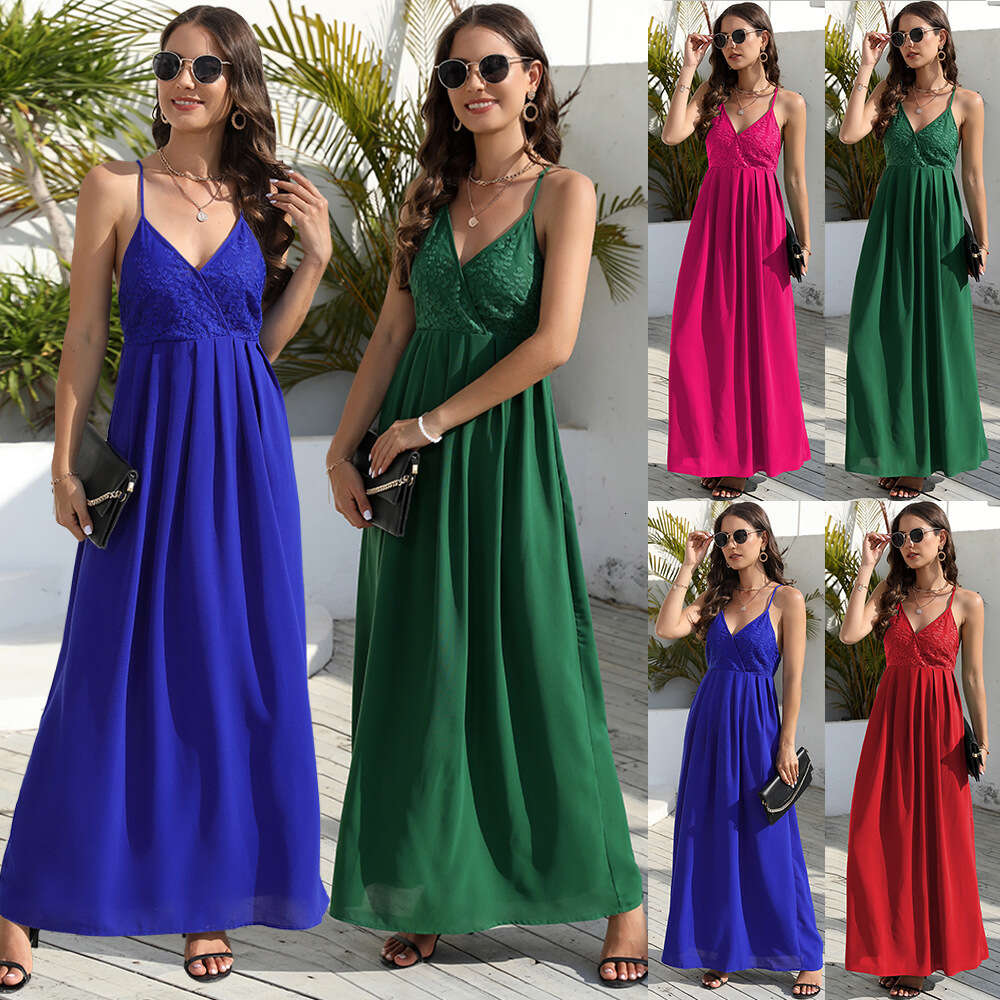 2024 Summer Lace Cross Strap Women's New Slim Fit Style Long Dress