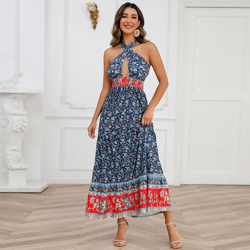 Sexy Cross Strap Hanging Neck Summer Women's New Bohemian Floral Dress