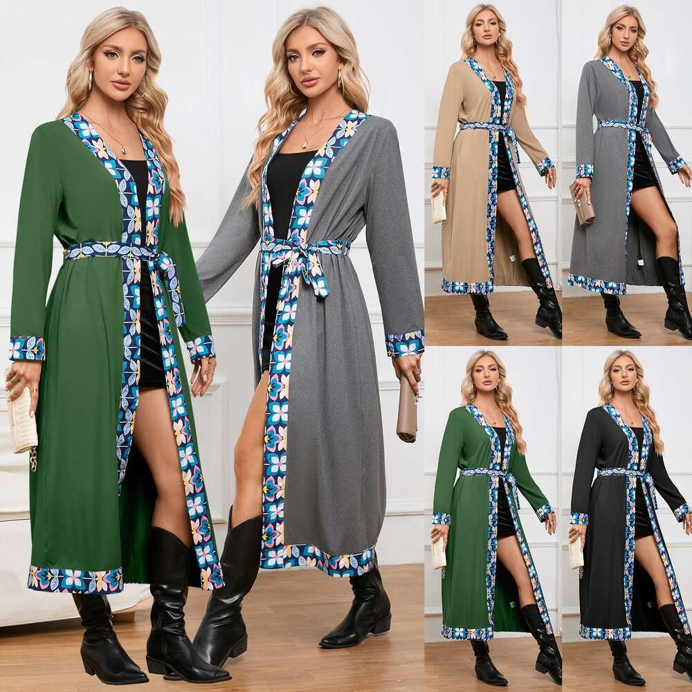 Long Sleeved Cardigan Floral Lace Up Top Long Shirt Pajama Women's Large Size