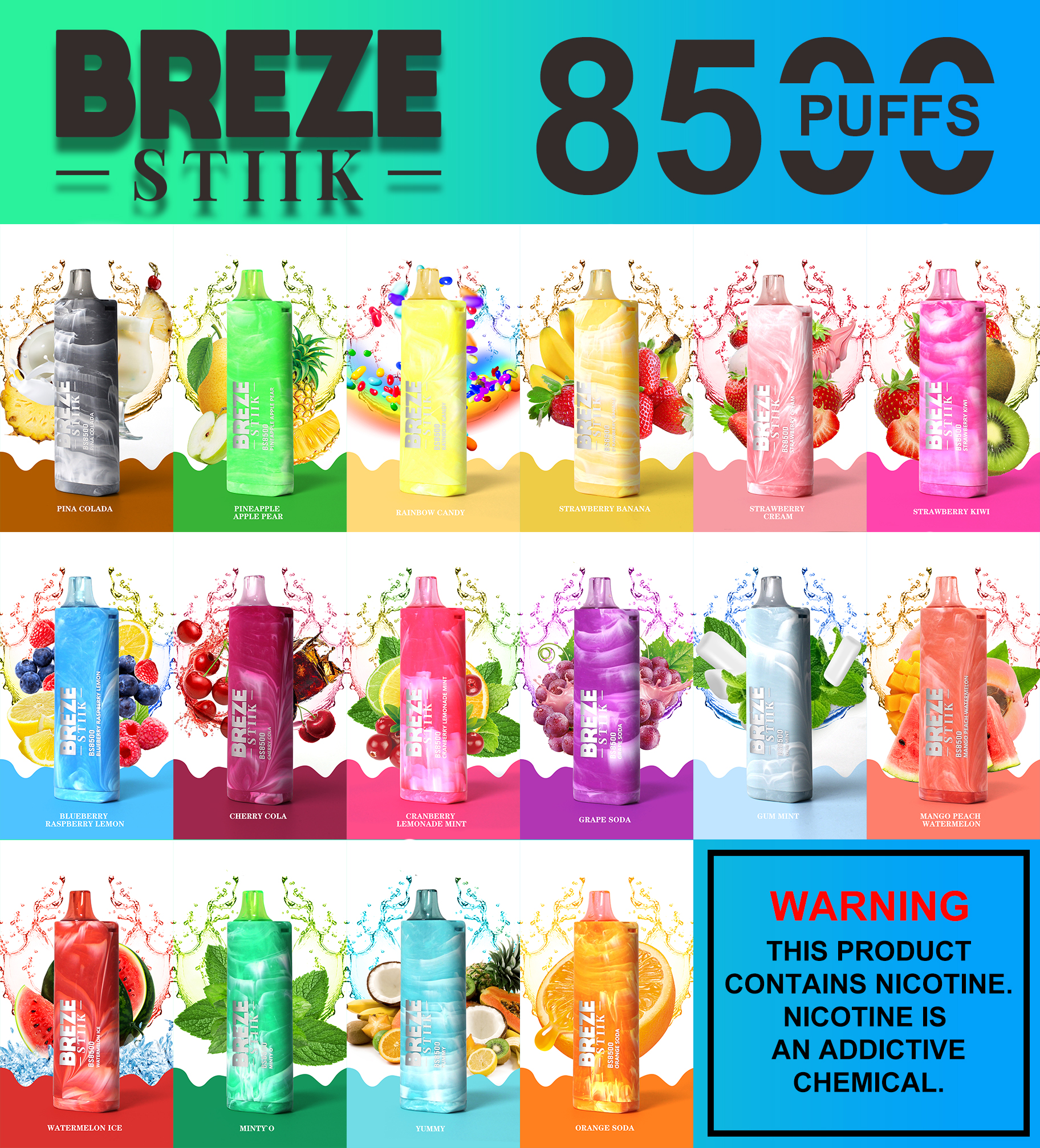 Authentic puffs Breze Stiik BS8500 puffs disposable electronic cigarette disposable vape Disposable PODS VS tornado 9000 bingo 8000 puffs