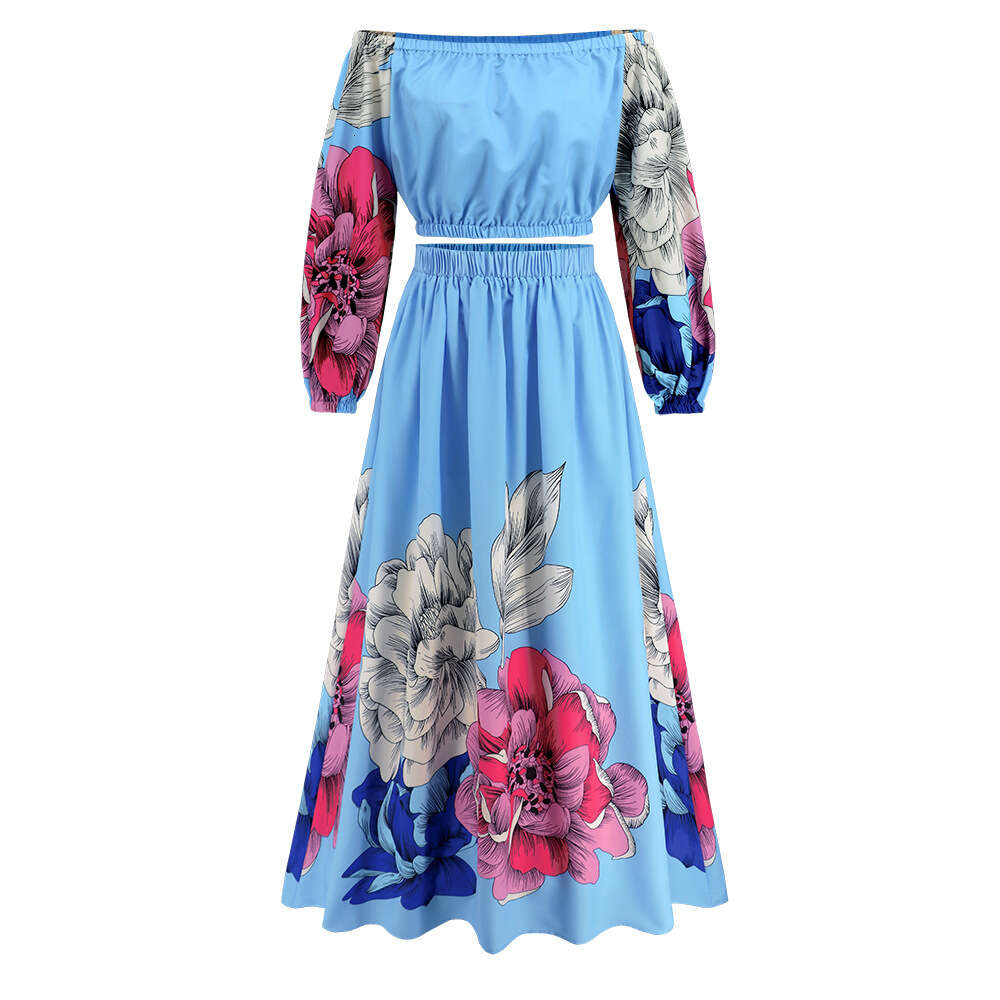 Large Size Women's Sleeved Open Back Top+a-line Large Hem Printed Long Half Skirt Two-piece Set Explosive