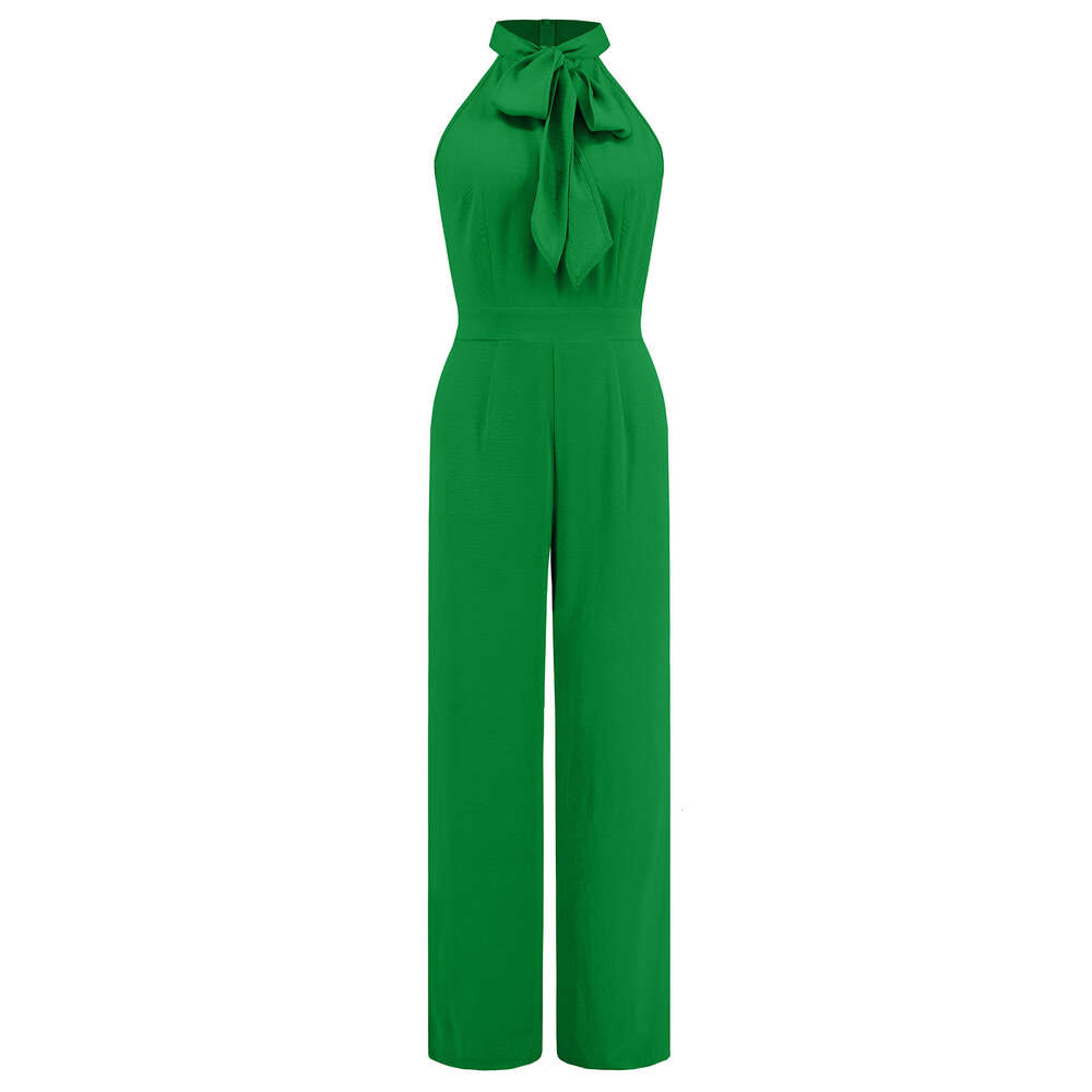 2024 Summer Sexy Slim Fit Style Jumpsuit Sleeveless Standing Neck Bow Straight Leg Long Pants