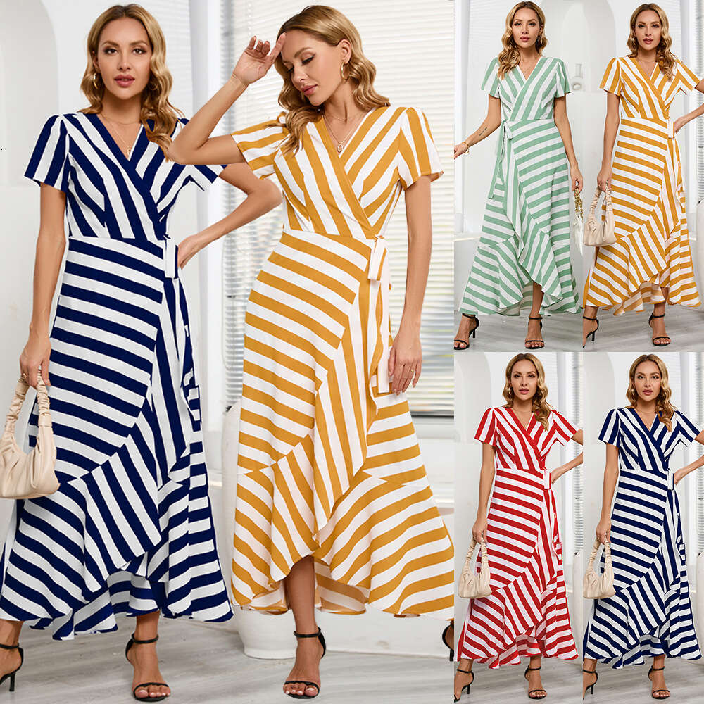 Fashion Slim Fit Temperament Stripe Swing 2024 Summer Women's Large Irregular Dress