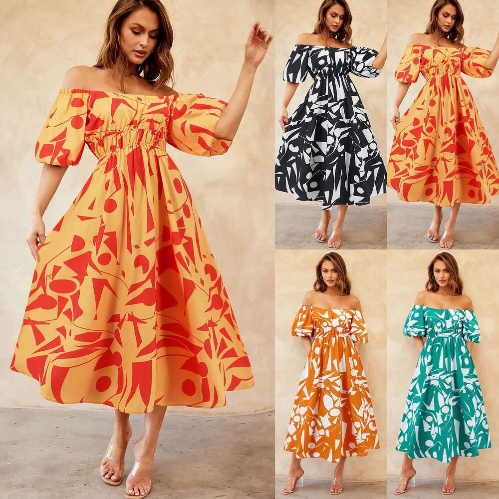 Sexy One Line Neck Bubble Sleeves Printed Skirt Casual Fashion Flare Elegant Dress