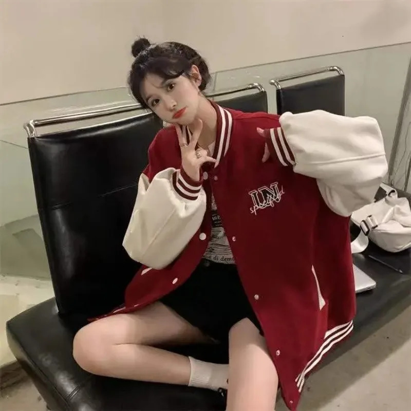 Deeptown Vintage Baseball Jacket Women Y2k Streetwar Fashion Korean Oversized Red Varsity Bomber Jackets Autumn Winter College 240229