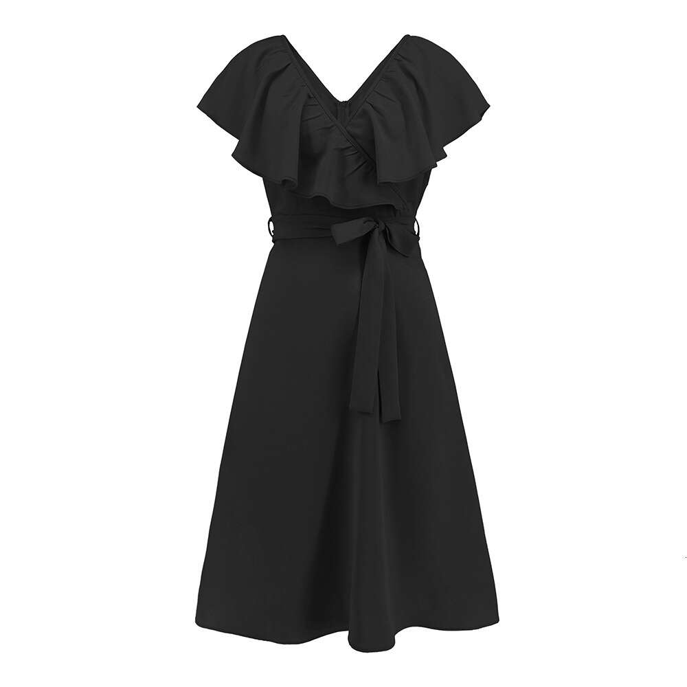Sexy V-neck Ruffle Sleeves Slim Fit Lace Up A-line Dress 2024 Summer Women's New Big Size Pop