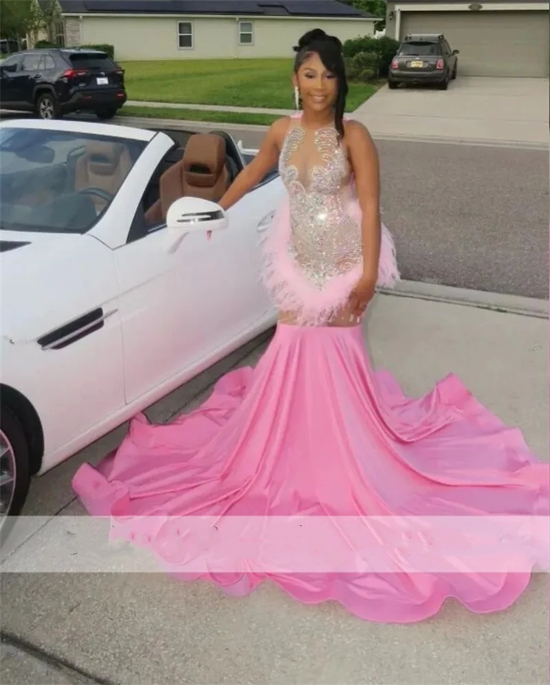 Dias Prom Pink Dress For Black Girls Glitter Bead Crystal Rhies Feathers Evening Birthday Party Gown