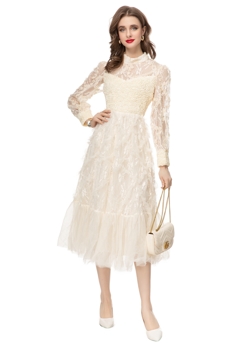 Women's Runway Dresses O Neck Long Sleeves Ruched Ruffles Appliques Fashion Elegant Mid Vestidos