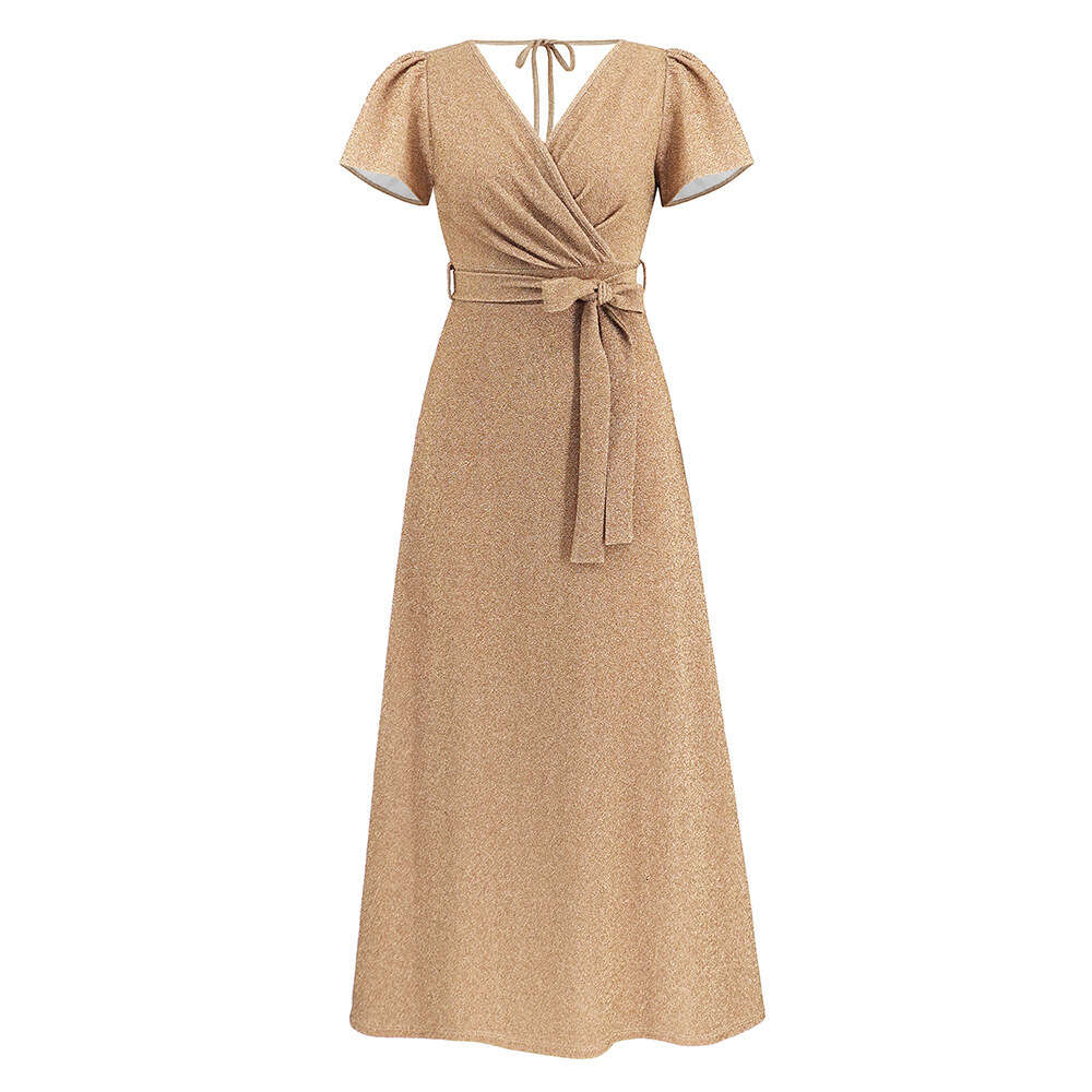 V-neck Slim Fit Long Party Shiny Lace Up Dress Women's Large Size Explosion