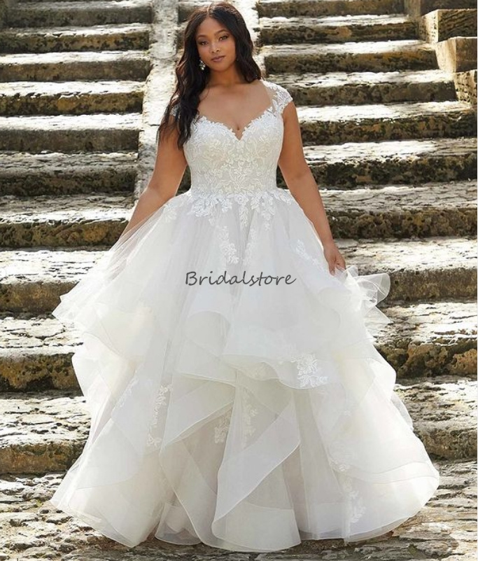 Plus Size Ruffles Wedding Dress 2024 Cap Sleeves A Line Tulle Lace Country Wedding Gowns Sexy Open Back Floor Length Bride Dress Vestido De Novia abit