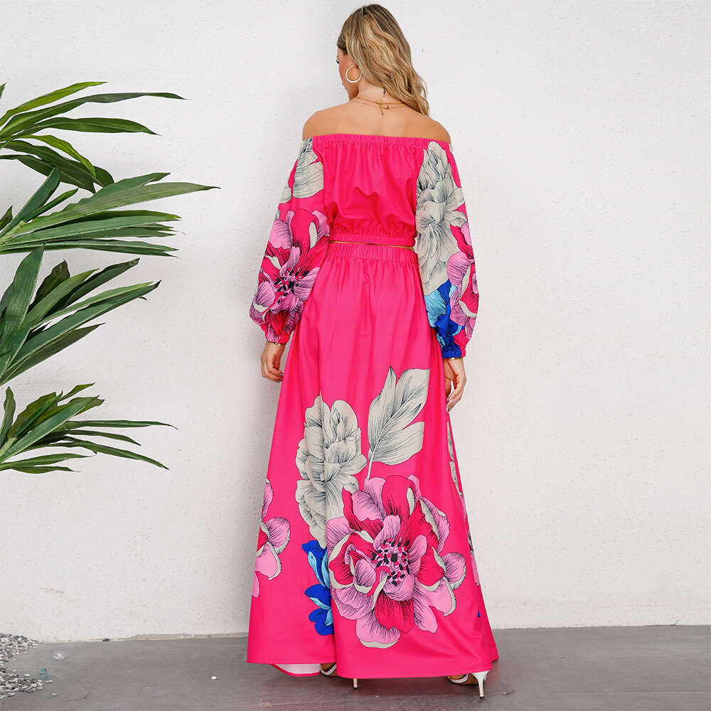 Large Size Women's Sleeved Open Back Top+a-line Large Hem Printed Long Half Skirt Two-piece Set Explosive