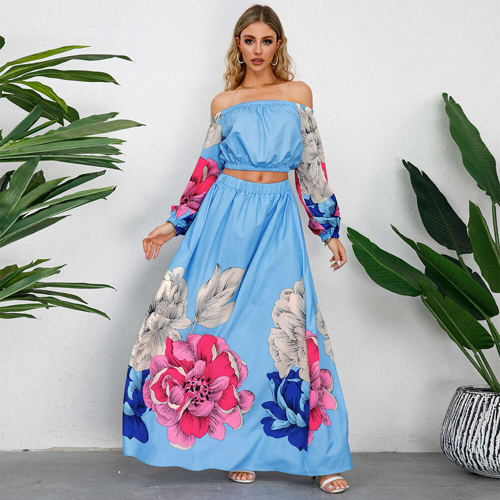 Large Size Women's Sleeved Open Back Top+a-line Large Hem Printed Long Half Skirt Two-piece Set Explosive
