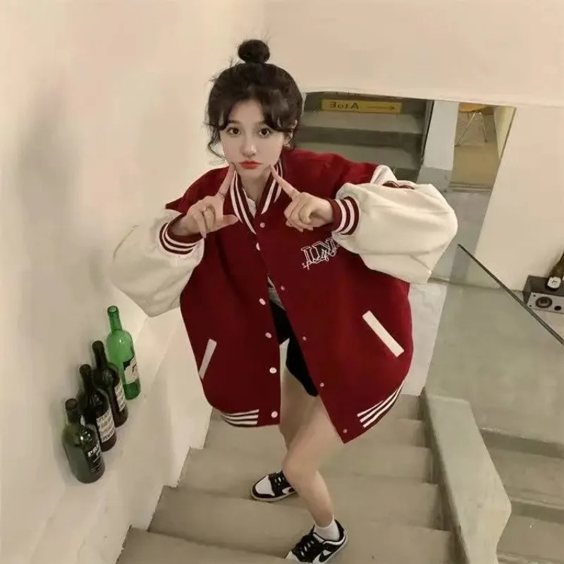 Deeptown Vintage Baseball Jacket Women Y2k Streetwar Fashion Korean Oversized Red Varsity Bomber Jackets Autumn Winter College 240229