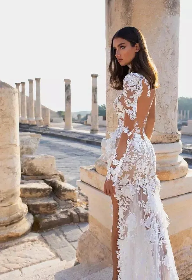 Mermaid Wedding Arabia Berta High Collar Side Slit Illusion Lace Appliques Long Sleeve Sweep Train Boho Bridal Gown Dress