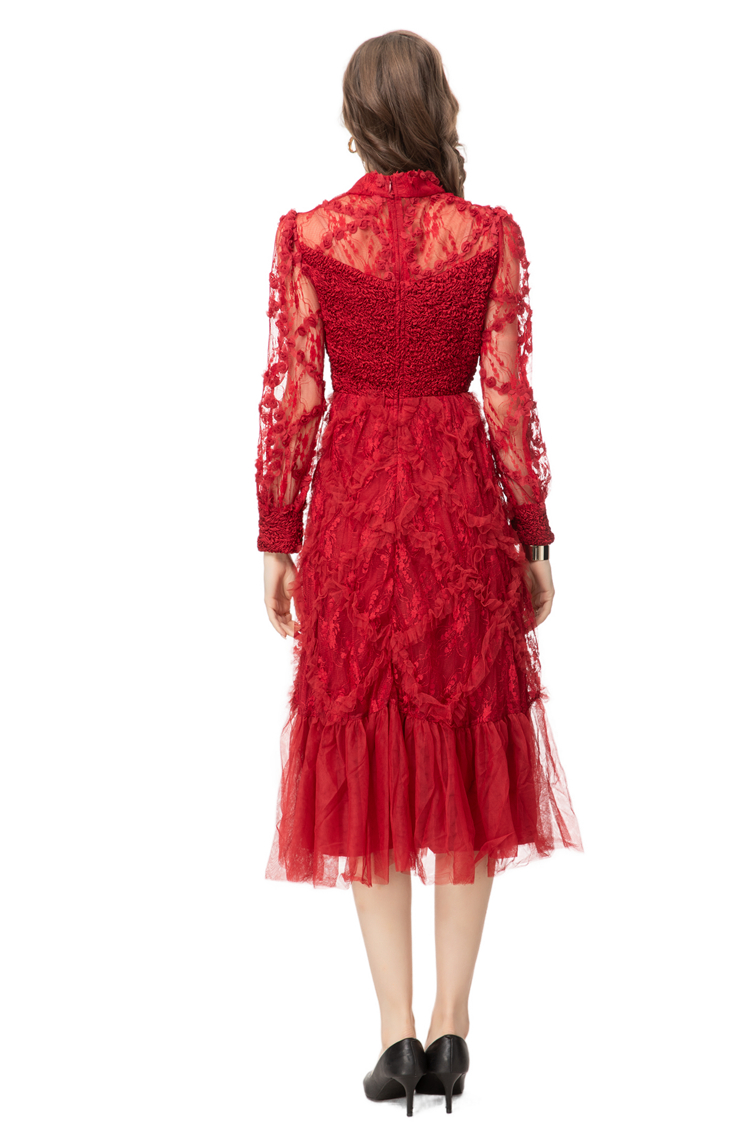 Women's Runway Dresses O Neck Long Sleeves Ruched Ruffles Appliques Fashion Elegant Mid Vestidos