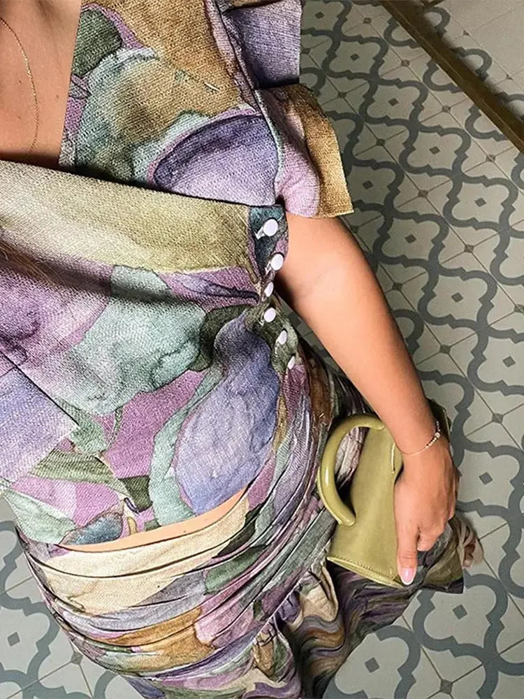 Chic Printed Pleated Midi Skirt Set For Women Sexy Skinny V Neck Flying Sleeve Buttons Top Suit Lady Vacation Fashion Streetwear 240329