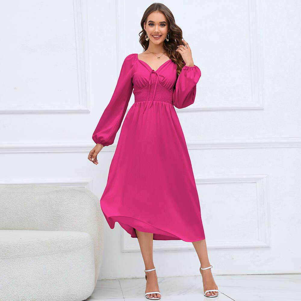 2024 New V-neck Slim Fit Temperament Sleeve Women's Long Dress Large