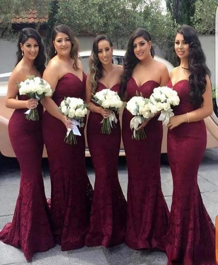 New Sexy Elegant Bury Sweetheart Lace Mermaid Cheap Long Bridesmaid Dresses Wine Maid Of Honor Wedding Guest Dress Prom Party 0227Lz