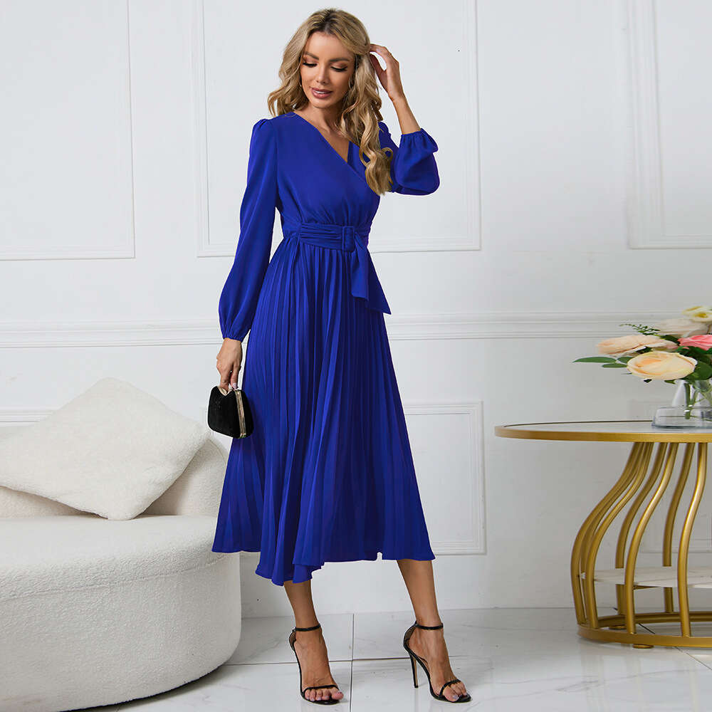 2024 Women's New Long Sleeve Slim Fit Pleated Belt V-neck A-line Dress