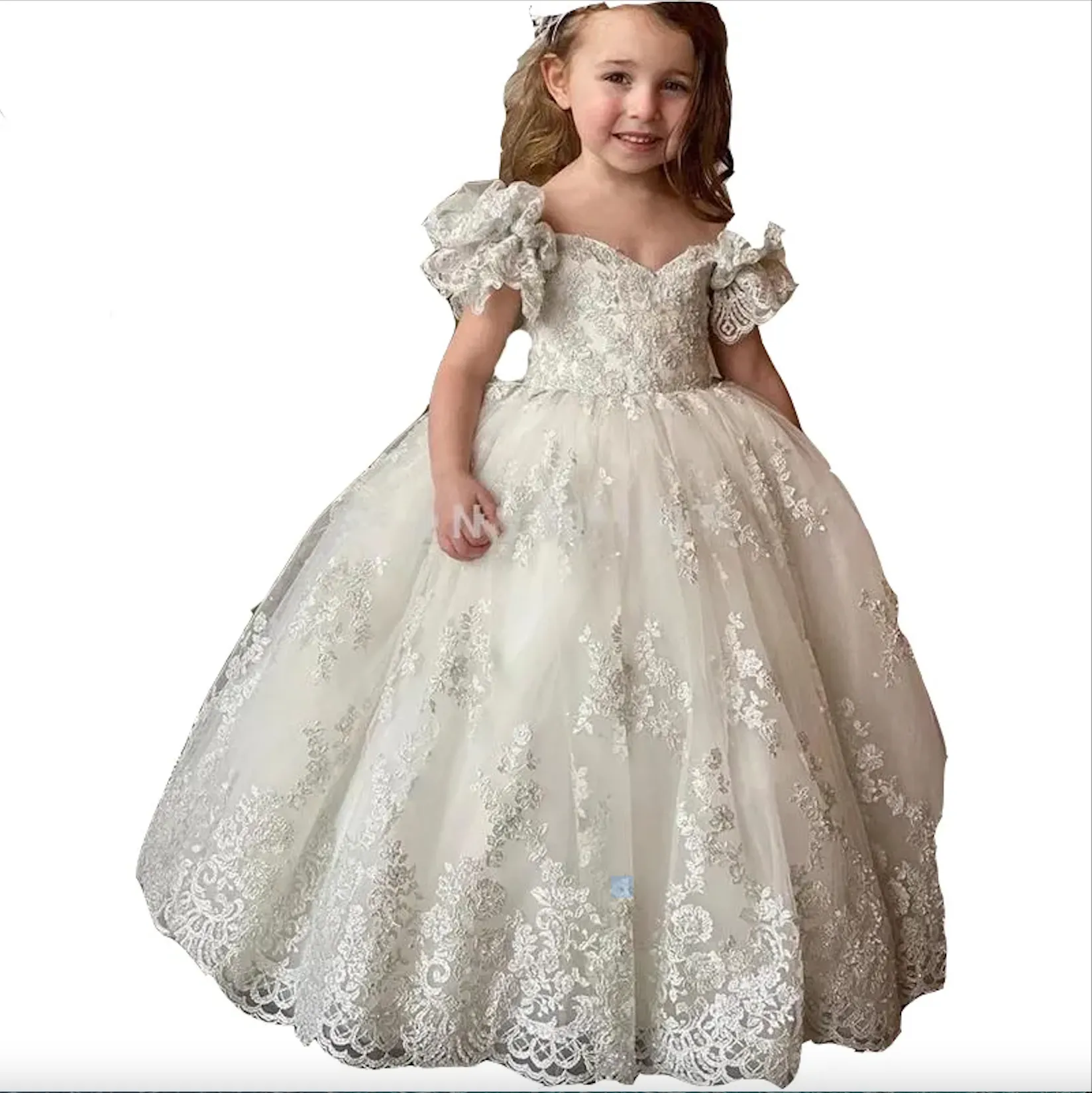 Ivory Flower Girls Dresses For Weddings Off Shoulder Sweetheart Lace Appliques Beads Bow Birthday Children Short Sleeves Girl Pageant Gowns Floor Leng