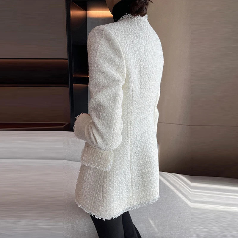 Fashion Double Breasted Tweed Blazer Coat Women French Long Sleeve White Outwear Office Lady Elegant Tassel Patchwork Jacket 240307