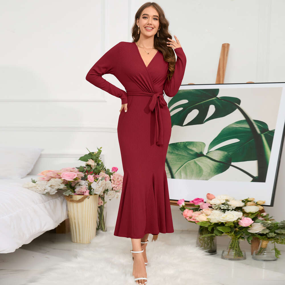 Women's V-neck Sleeve Slim Fit Style Fishtail Knitted Long Dress Large