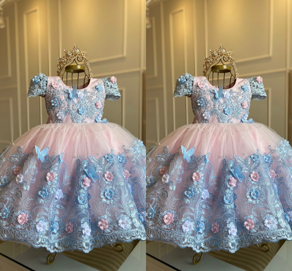 Gown Princess Ball Girls Pageant Dresses Jewel Neck Handmade 3D Flowers Butterflies Tiered Tulle Kids Prom Gowsn Birthday Party Flower Girl Dress Cust