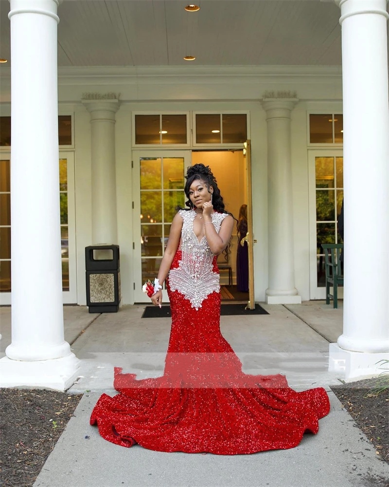 Red Sheer O Neck Long Prom Dress For Black Girls Beaded Crystal Rhinestone Birthday Party Gowns Sequined Evening Dresses Robe De 0431