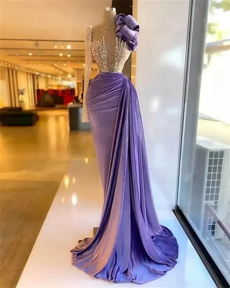 Veet One Shoulder Prom Evening Dresses Beaded Ruffles Formal Dress For Women Elegant Mermaid Pleats Robe De Bc14029