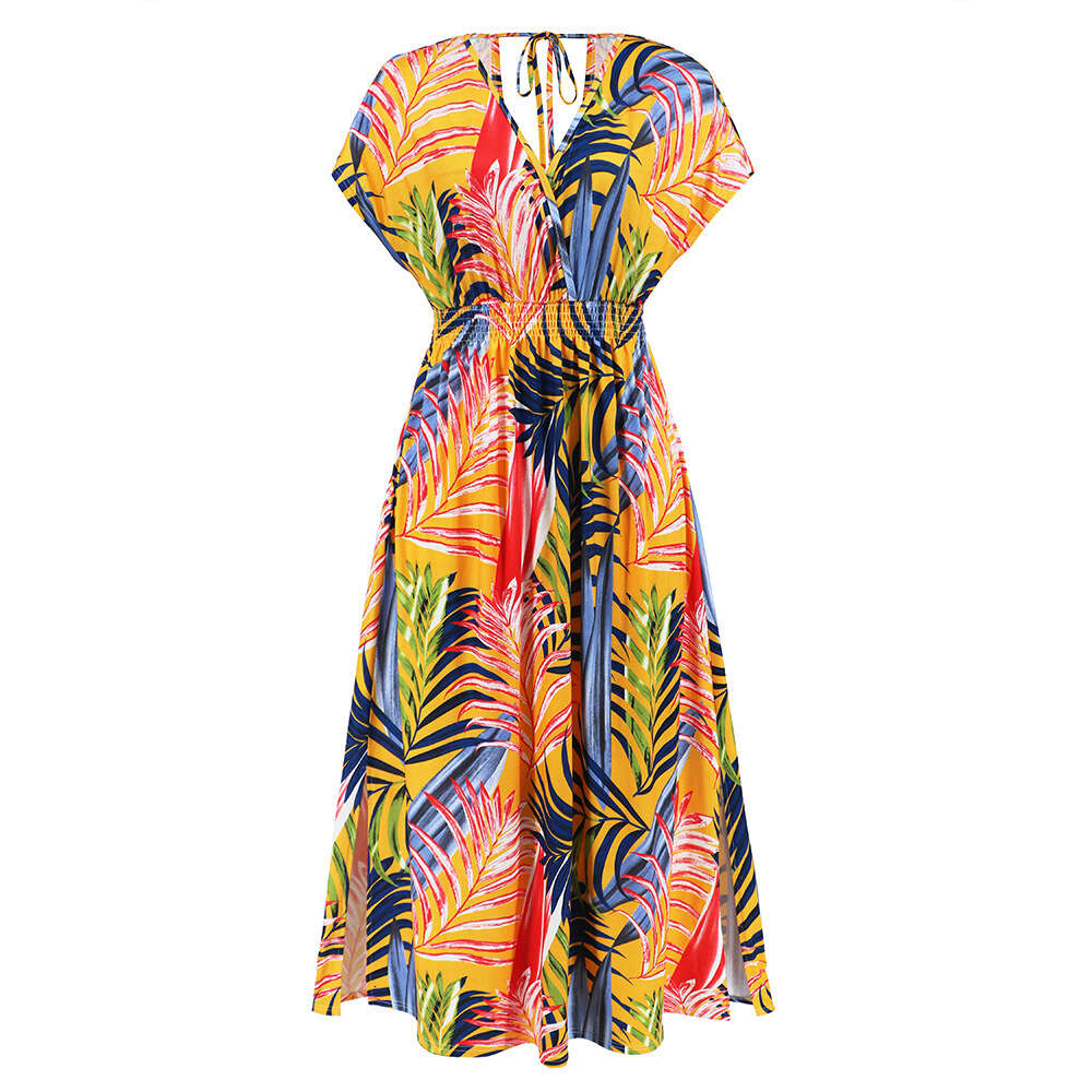 Fashionable Bat Sleeves V-neck Open Back Strap Dress Summer Women's Printed Long Skirt