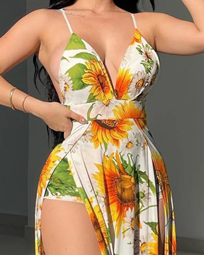 Sexy Print High Slit Cami Maxi Dress for Women Summer Fashion Vacation Clothing Womens Sunflower Spaghetti Strap Dresses 240228