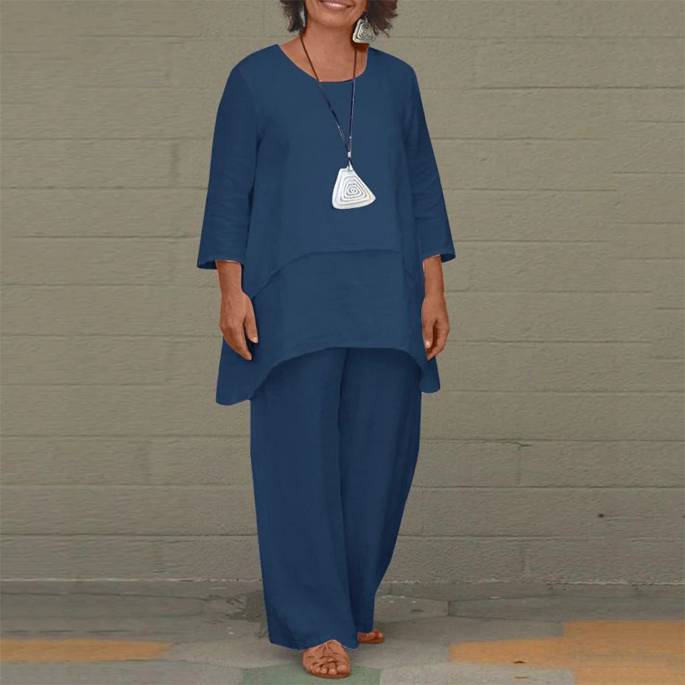 2023 Plus Size Womens Set Long Sleeve Loose Casual Pants Wide Leg Two Piece Suit Oversized Female Autumn Outfits Pullover Trou 240307