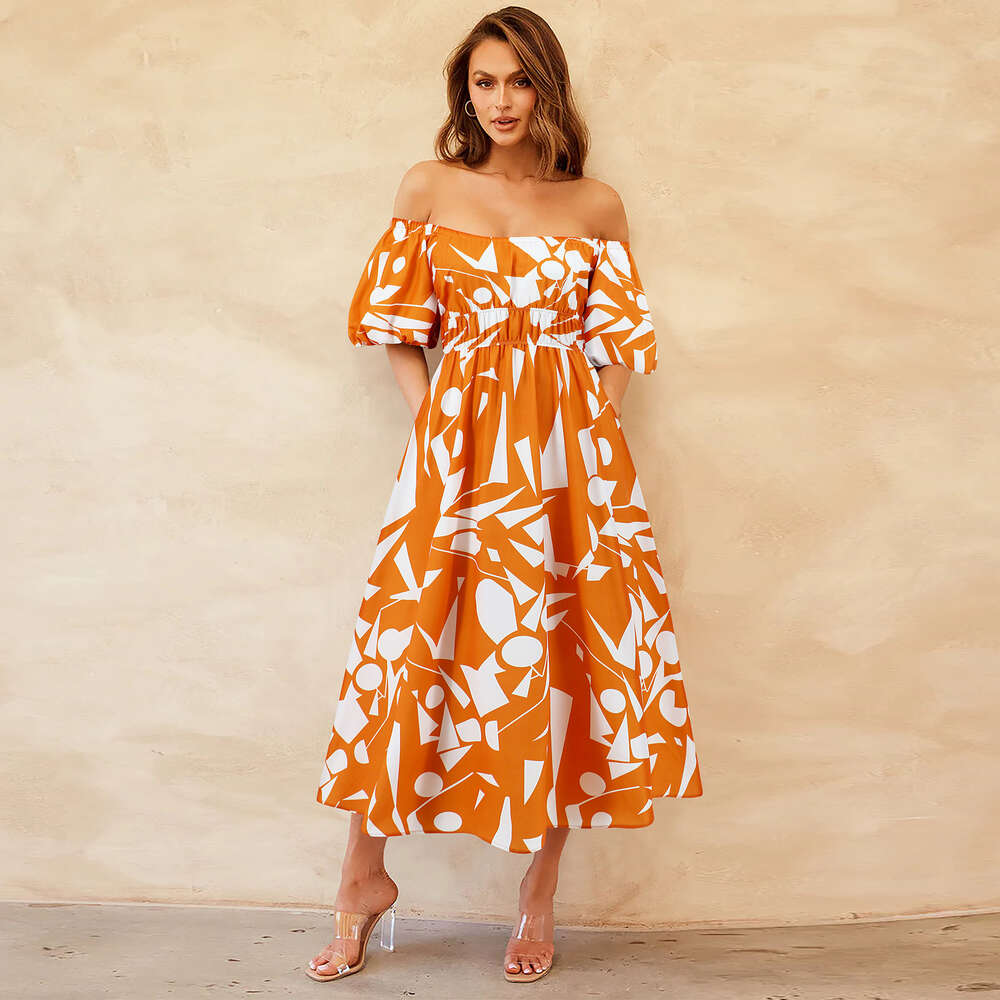 Sexy One Line Neck Bubble Sleeves Printed Skirt Casual Fashion Flare Elegant Dress