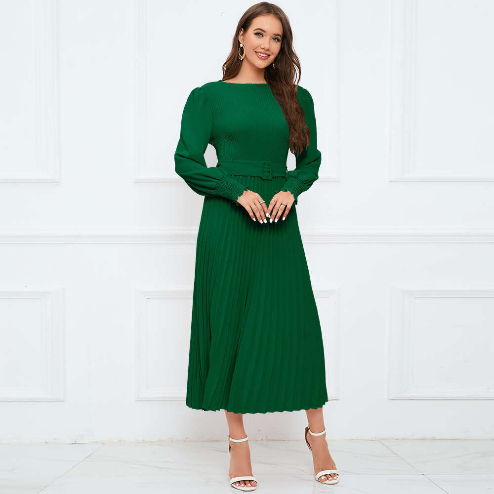 2024 Autumn/winter New Round Neck Bubble Long Sleeve Pleated A-line Skirt Mid Length Slim Fit Dress