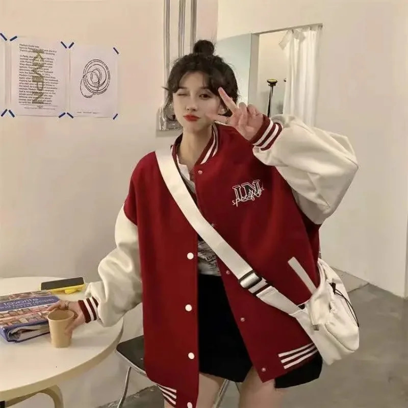 Deeptown Vintage Baseball Jacket Women Y2k Streetwar Fashion Korean Oversized Red Varsity Bomber Jackets Autumn Winter College 240229