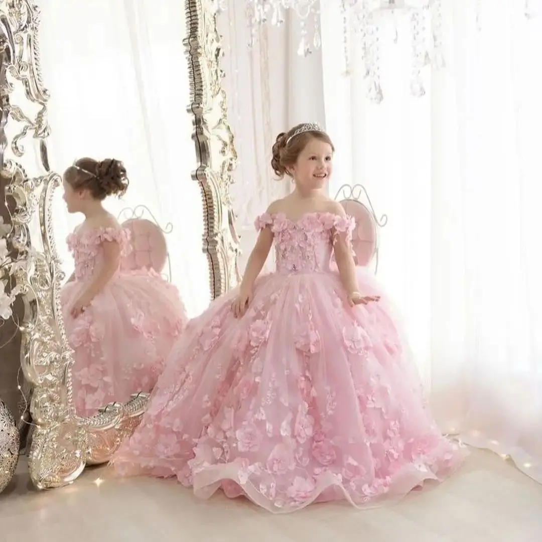 Cute Pink Flower Girl Dress Elegant Off Shoulder 3D Flora Appliques Ruffles Princess A Line Girls Pageant Dress Toddler Children Birthday Party Quince