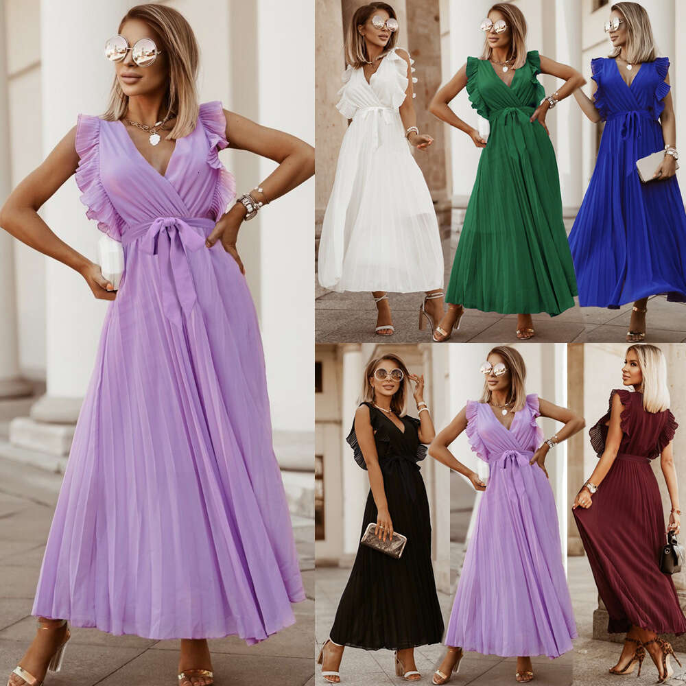 Temperament Beach Fashion Slim Fit Sexy Lotus Leaf Sleeves Chiffon Pleated Skirt Solid Color Dress